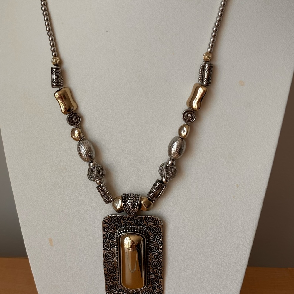 Gold  tone scrolled pendant necklace/ large rectangular pendant/ silver tone